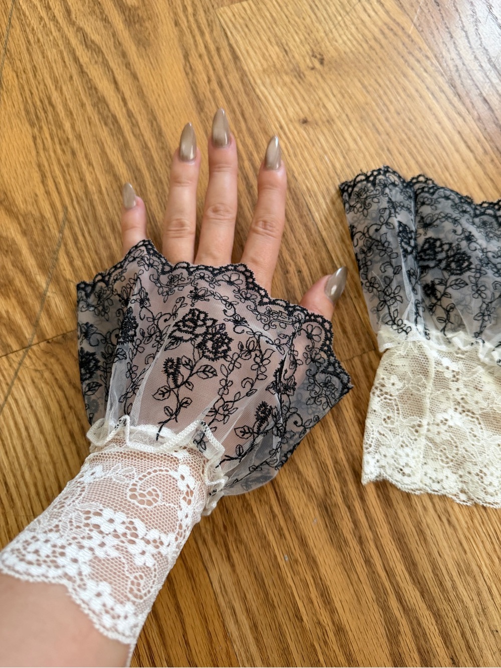 Delicate Sheer Lace Fingerless Gloves - Black Floral Overlay - Picture 2 of 8